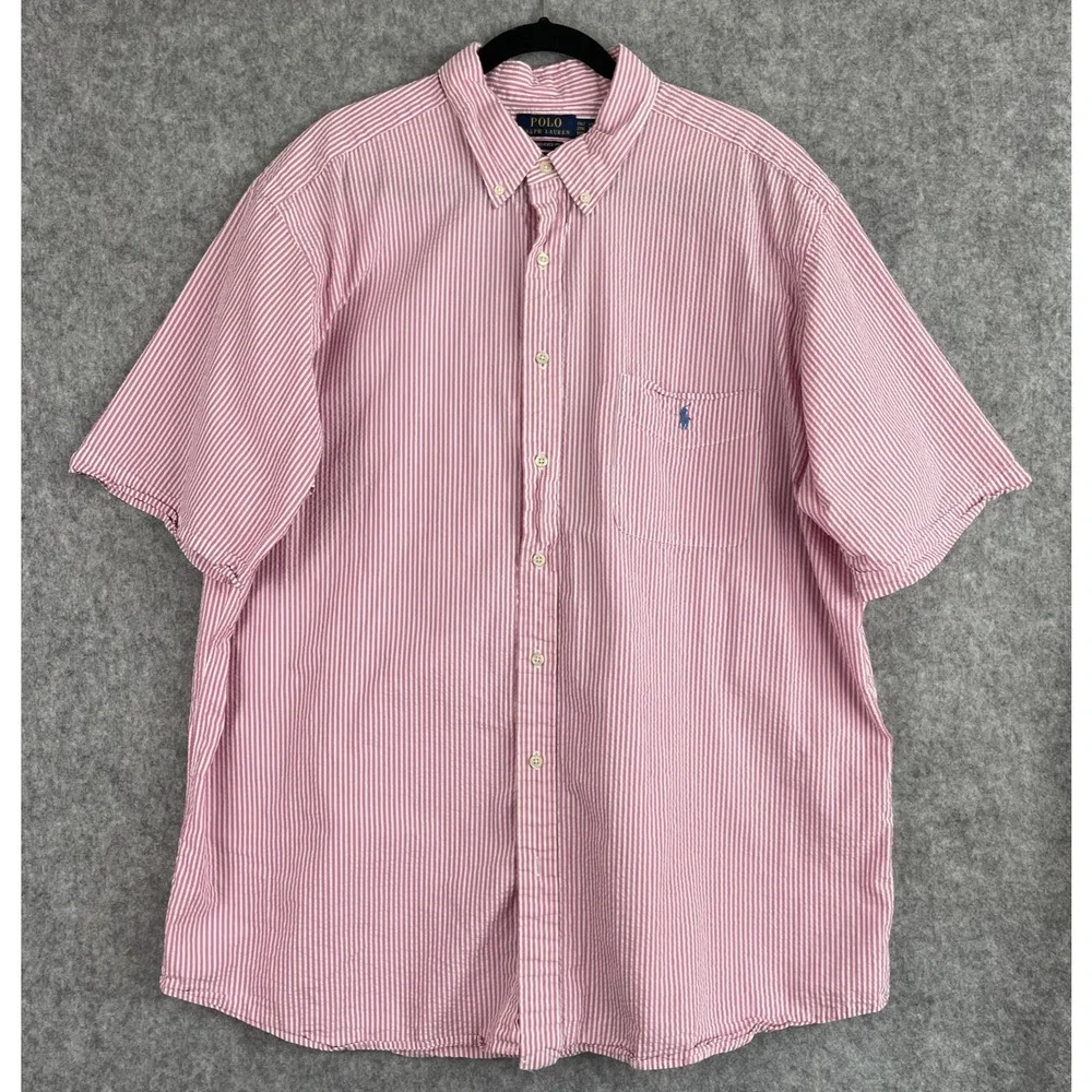 Polo Ralph Lauren Seersucker Shirt Mens 2XLT‎ Pink Stripe Untucked Fit Button Up